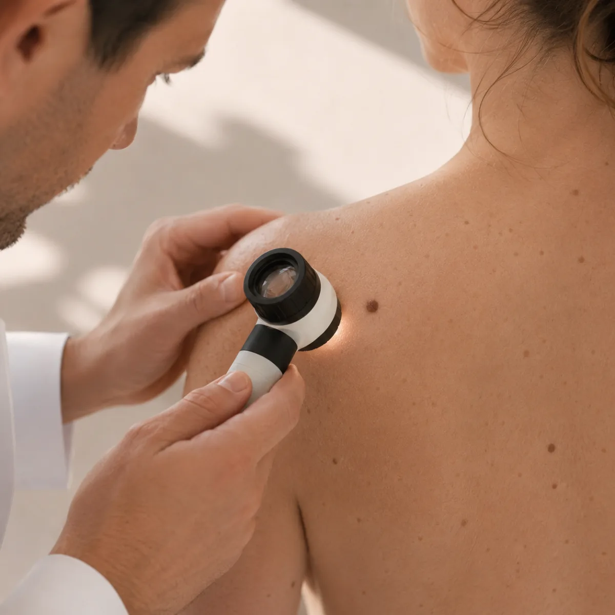 Symbolbild: Dermatoskopie eines Muttermals am Rücken beim Hautkrebsscreening in Graal-Müritz