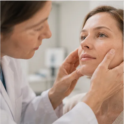 Symbolbild: Hautärztin untersucht das Gesicht einer Patientin beim Hautkrebsscreening in Graal-Müritz