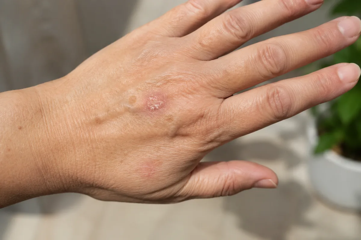 Symbolbild: Heller Hautkrebs an der Hand, Früherkennung beim Hautkrebsscreening in Graal-Müritz